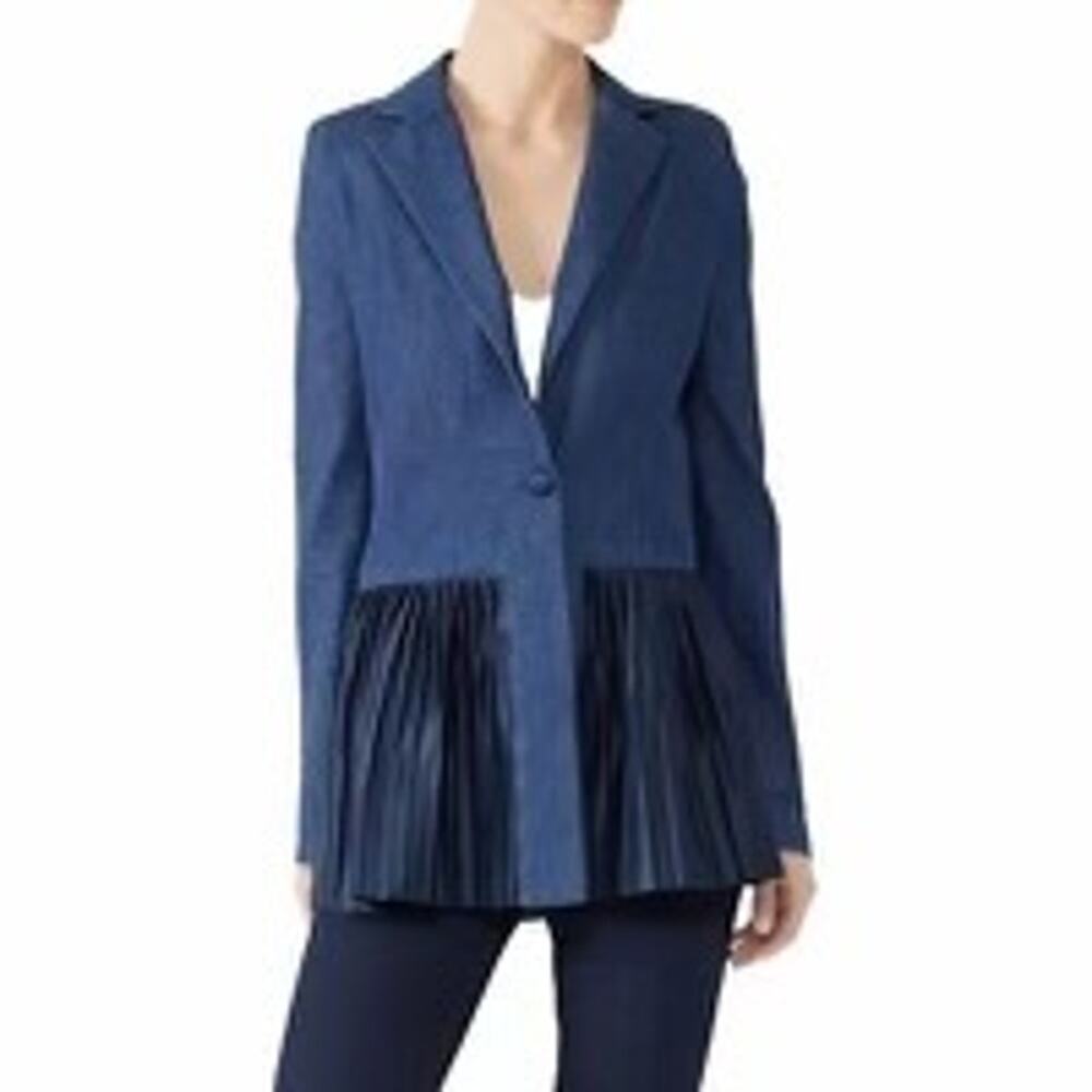 Deborah Lyons Pleated Kaya Blazer Size 10 Blue Denim Peplum Jacket Day to Night